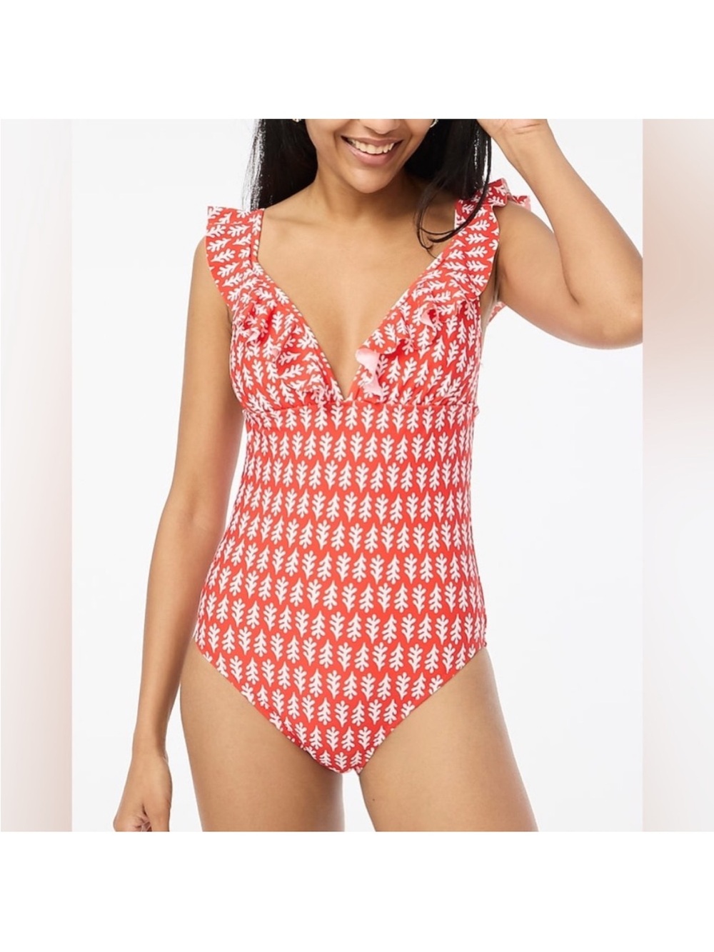 J. Crew Floral ruffle-shoulder V-neck one-piece swimsuit NWT red white